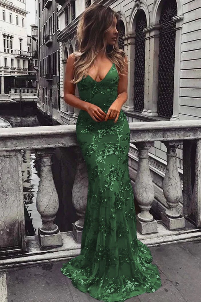 Lace-Up Mermaid Long Gold Prom Dress with Sequins