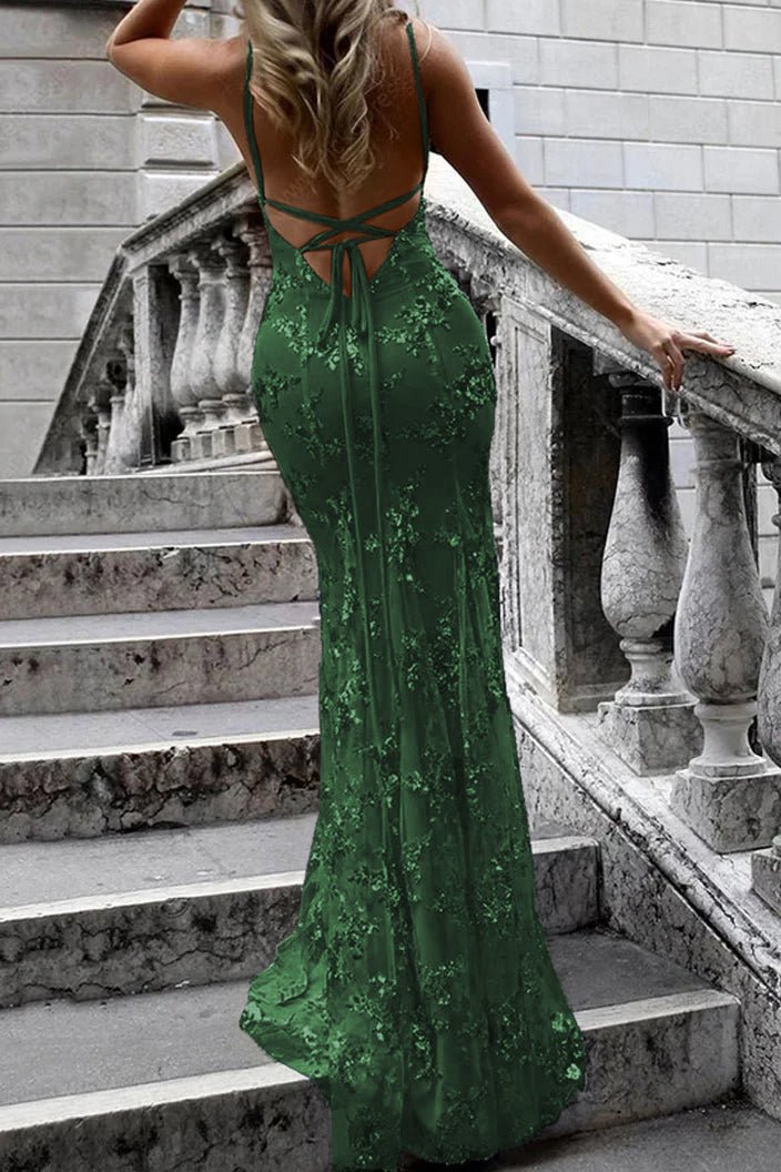 Lace-Up Mermaid Long Gold Prom Dress with Sequins