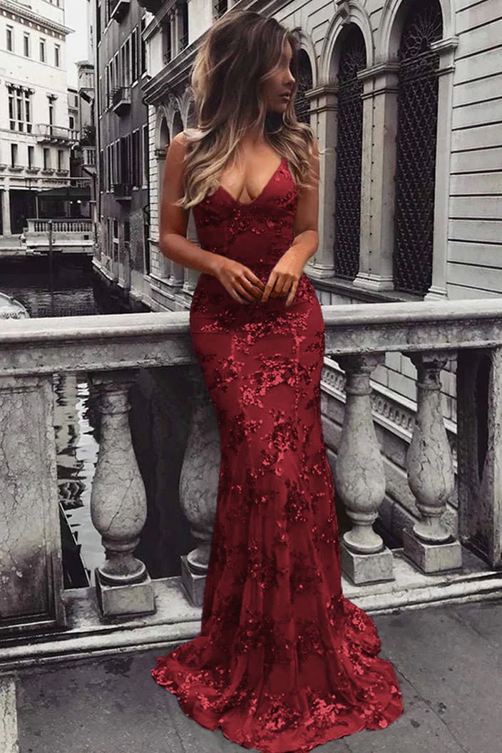 Lace-Up Mermaid Long Gold Prom Dress with Sequins