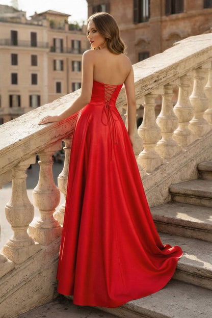Lachlan | Satin A-Line Scoop Empire-Waist Pleated Satin High Slit Formal Prom Dress