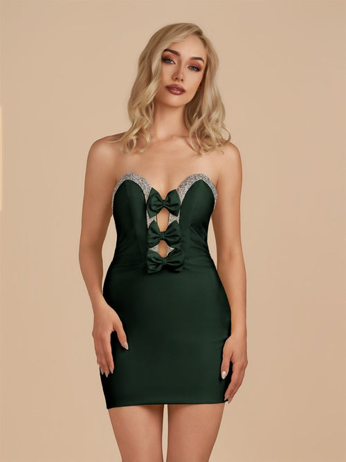 Dark Green - Bodycon Strapless Cut Out Satin Beaded Homecoming Dress With Bows