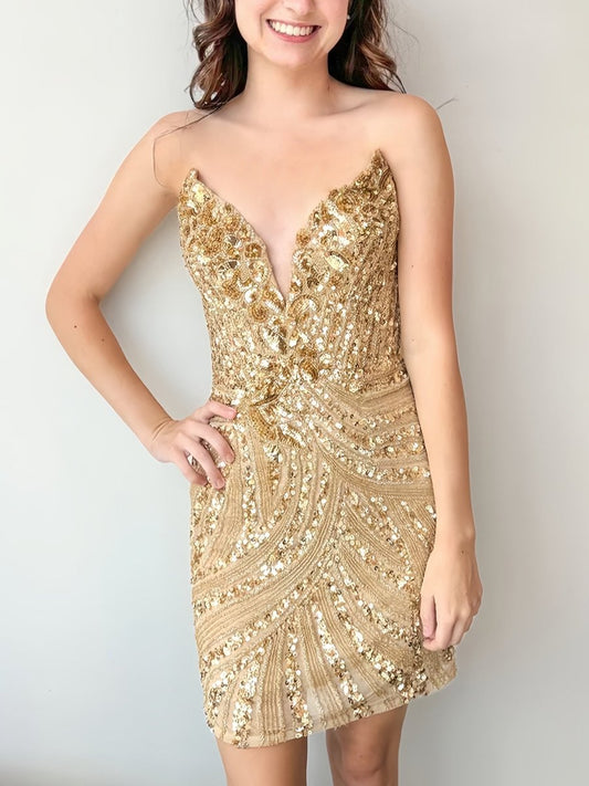 Gold - Strapless V Neck Sequins Bodycon Mini Party Dresses