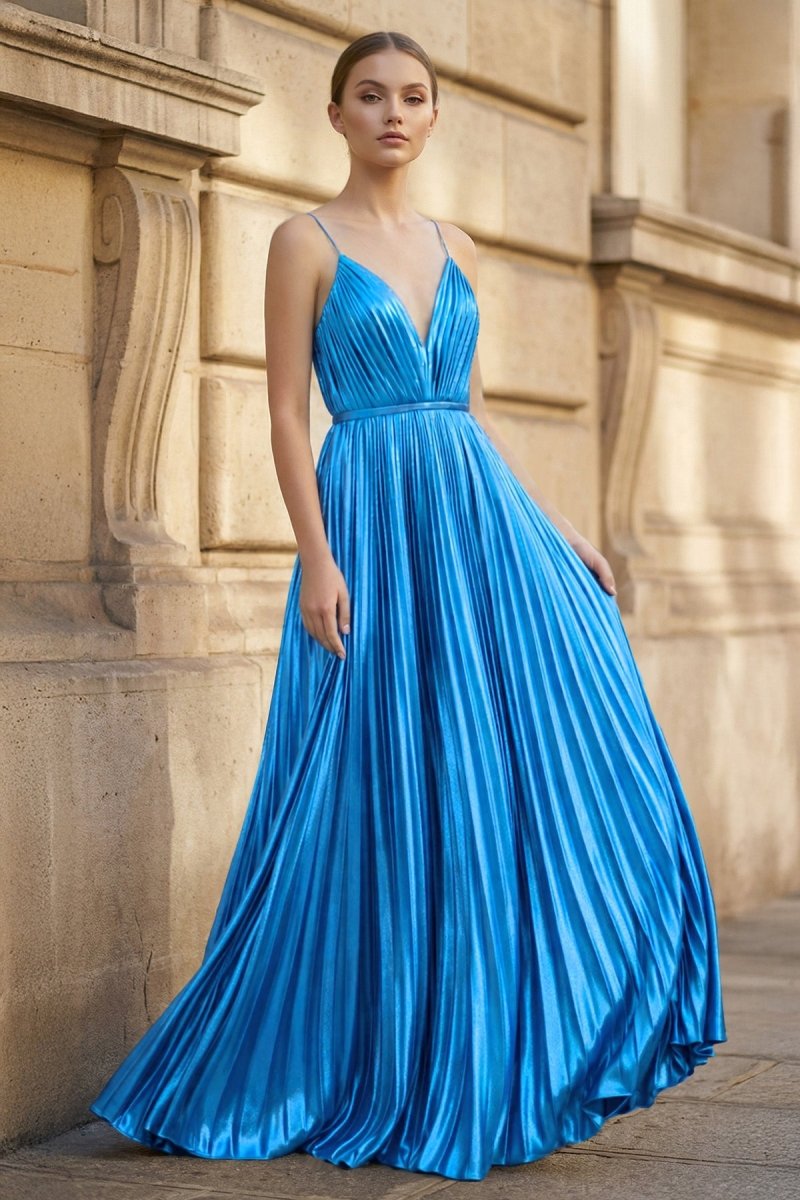 Gold A-Line Spaghetti Straps V-Neck Metallic Long Prom Dress