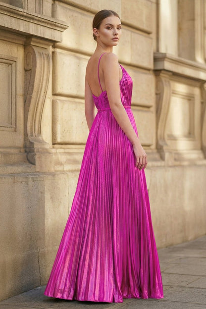 Gold A-Line Spaghetti Straps V-Neck Metallic Long Prom Dress