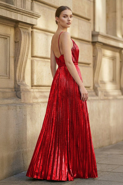 Gold A-Line Spaghetti Straps V-Neck Metallic Long Prom Dress