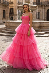 Hot Pink Ball Gown Tiered Tulle Long Prom Dress