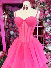 Hot Pink Ball Gown Tiered Tulle Long Prom Dress