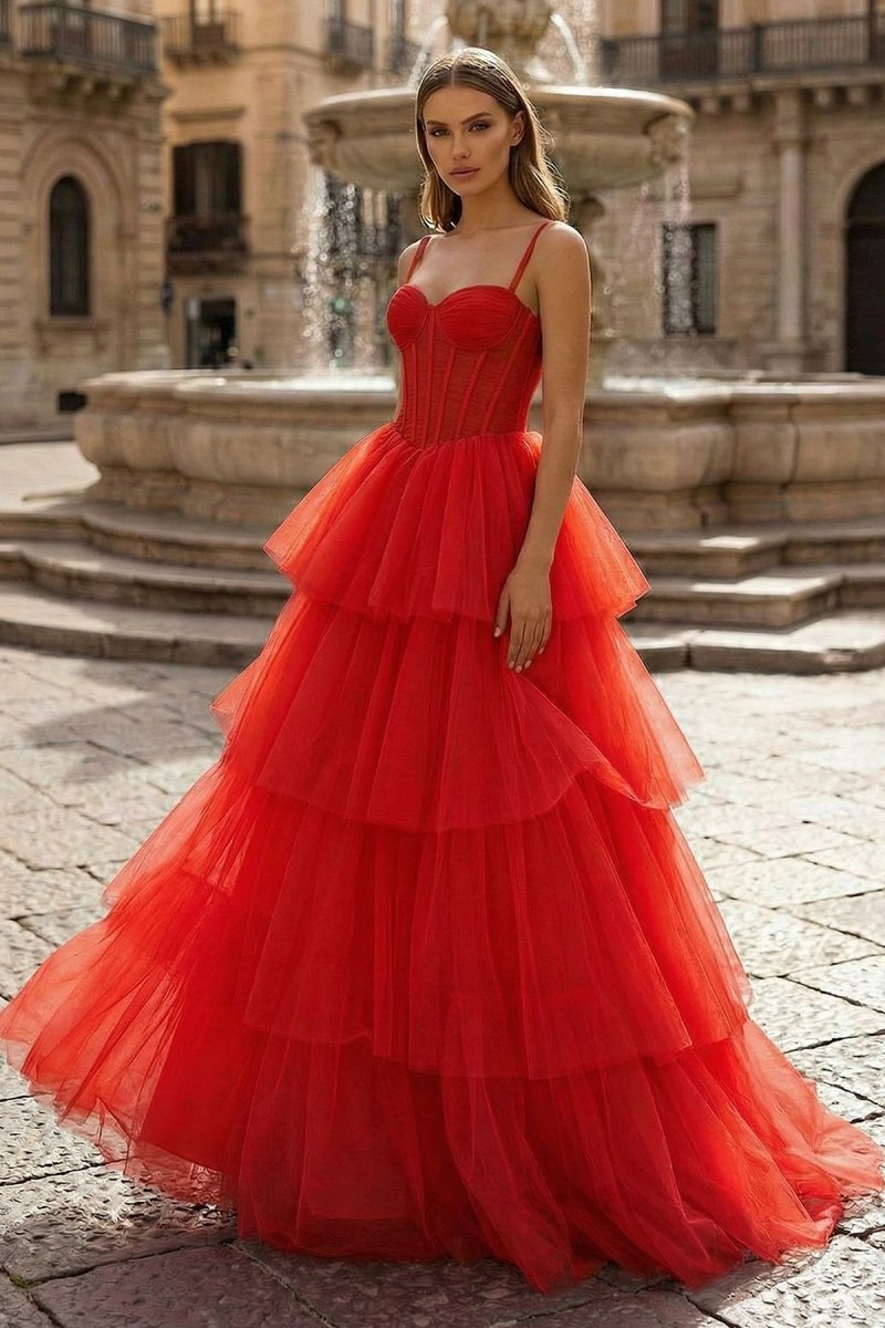 Hot Pink Ball Gown Tiered Tulle Long Prom Dress