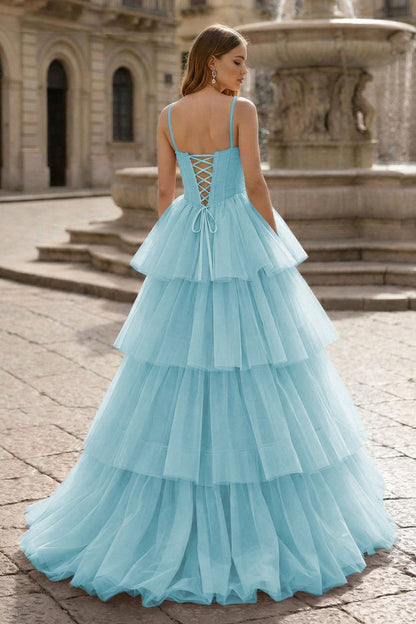 Hot Pink Ball Gown Tiered Tulle Long Prom Dress