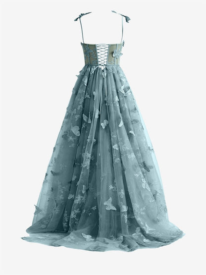 Dusty Blue A-line Butterfly Lace Lilac Corset Prom Dress with Slit