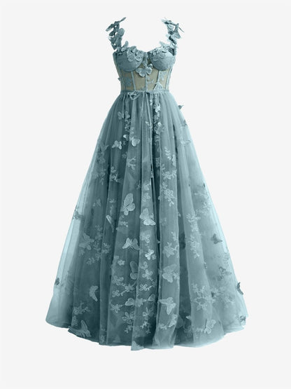 Dusty Blue A-line Butterfly Lace Lilac Corset Prom Dress with Slit