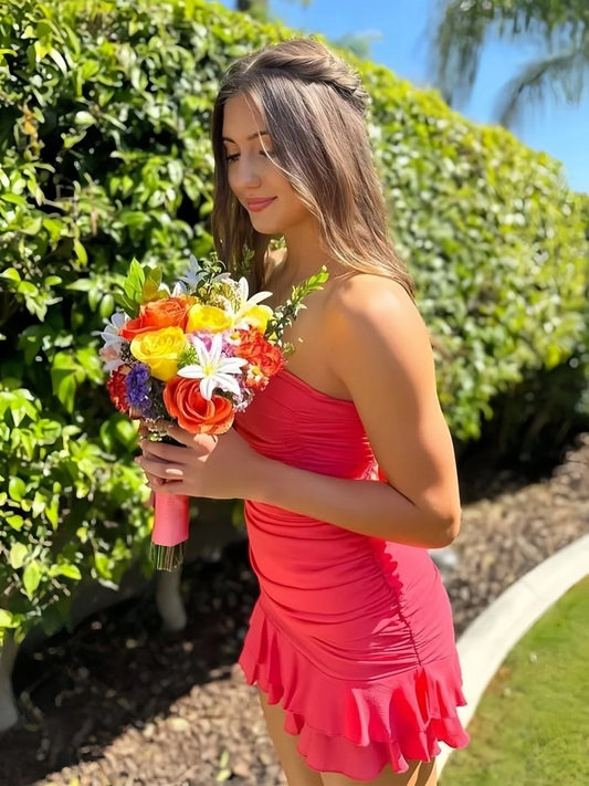 Hot Pink - Strapless Bodycon Spandex Ruffles Short Homecoming Dresses