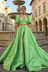 Green Two-Piece Puff Sleeves Long Prom Dress With Split