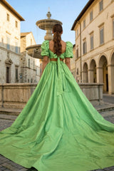 Green Two-Piece Puff Sleeves Long Prom Dress With Split