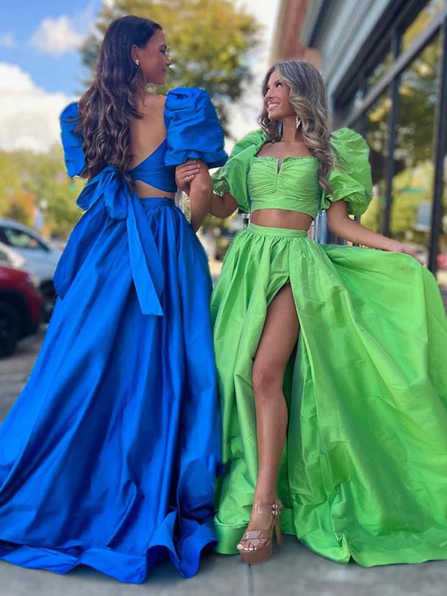 Green Two-Piece Puff Sleeves Long Prom Dress With Split