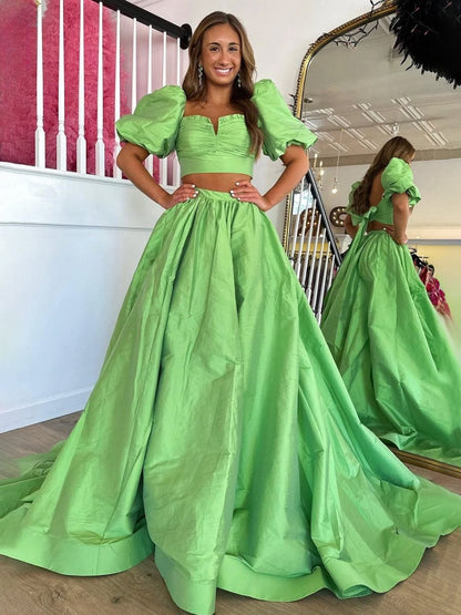 Green Two-Piece Puff Sleeves Long Prom Dress With Split