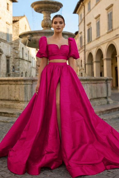 Green Two-Piece Puff Sleeves Long Prom Dress With Split