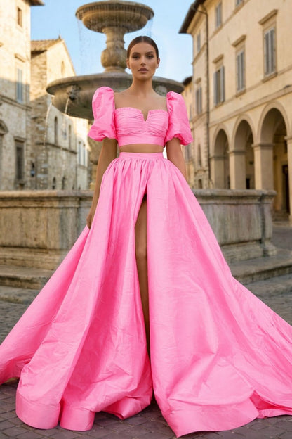 Green Two-Piece Puff Sleeves Long Prom Dress With Split