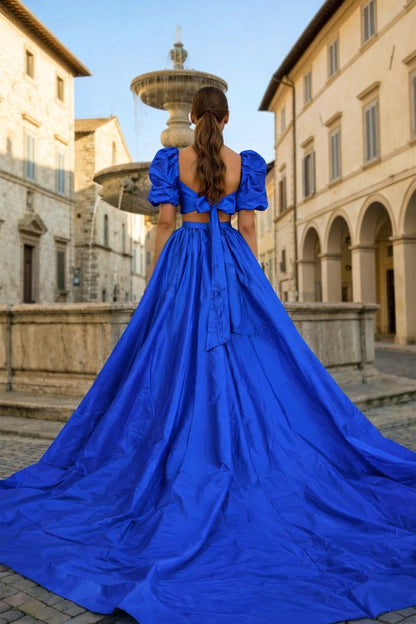 Green Two-Piece Puff Sleeves Long Prom Dress With Split