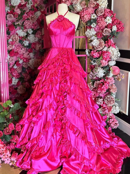 Fuchsia Halter Neck Tiered Ruffles Long Prom Dress