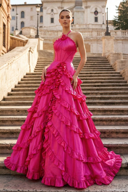 Fuchsia Halter Neck Tiered Ruffles Long Prom Dress