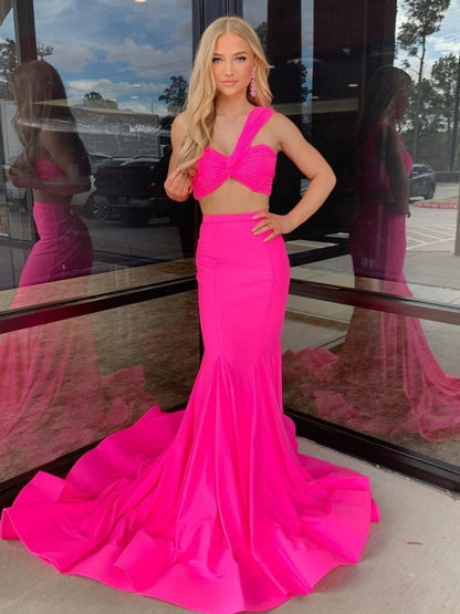 Hot Pink Two Piece One Shoulder Satin Mermaid Prom Dress