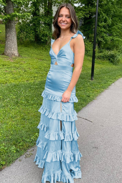 Knotted Sage Ruffles Mermaid Tiedred Maxi Dress