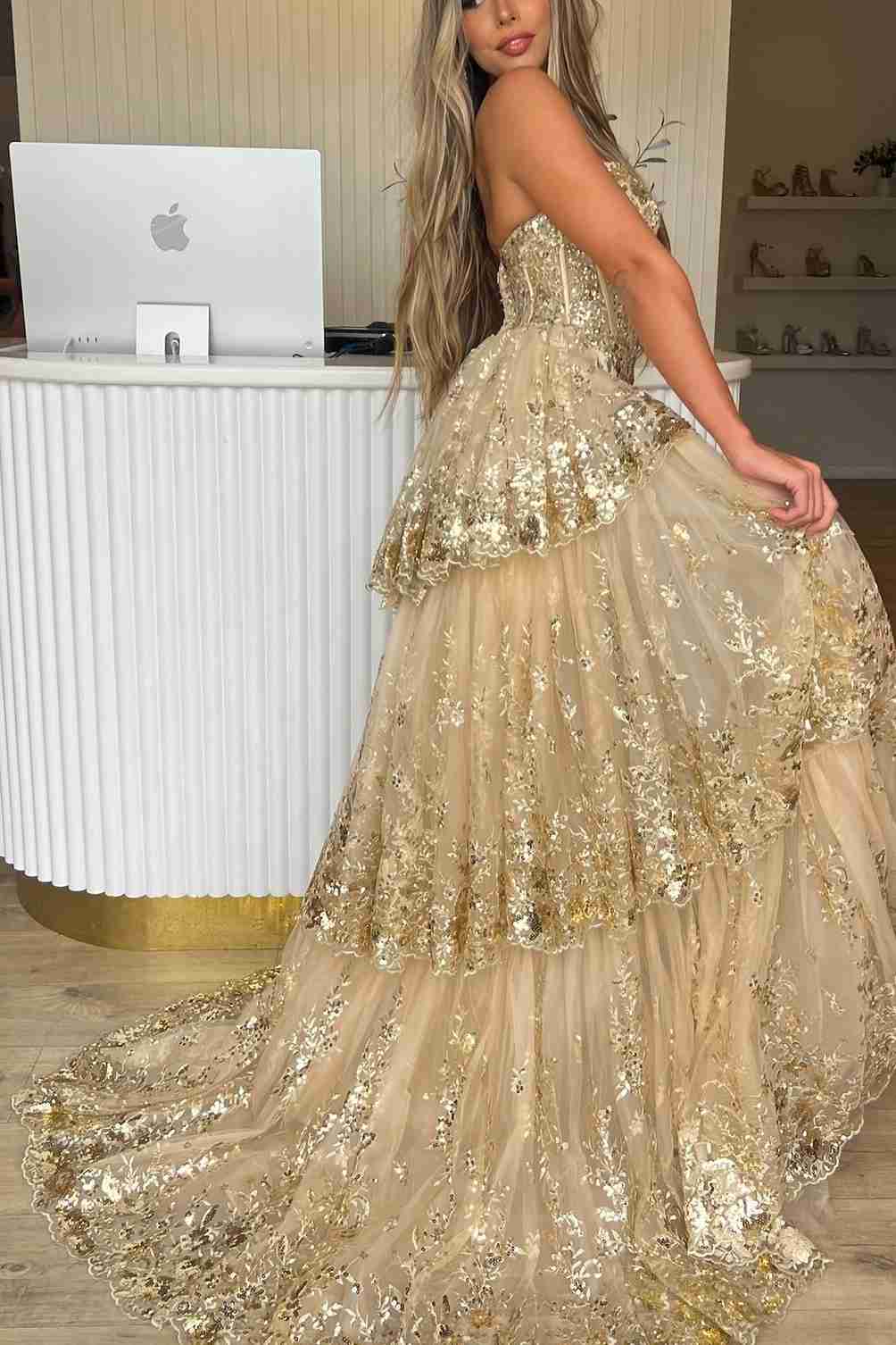 Gold Sweetheart A-Line Lace Long Prom Dress With Split