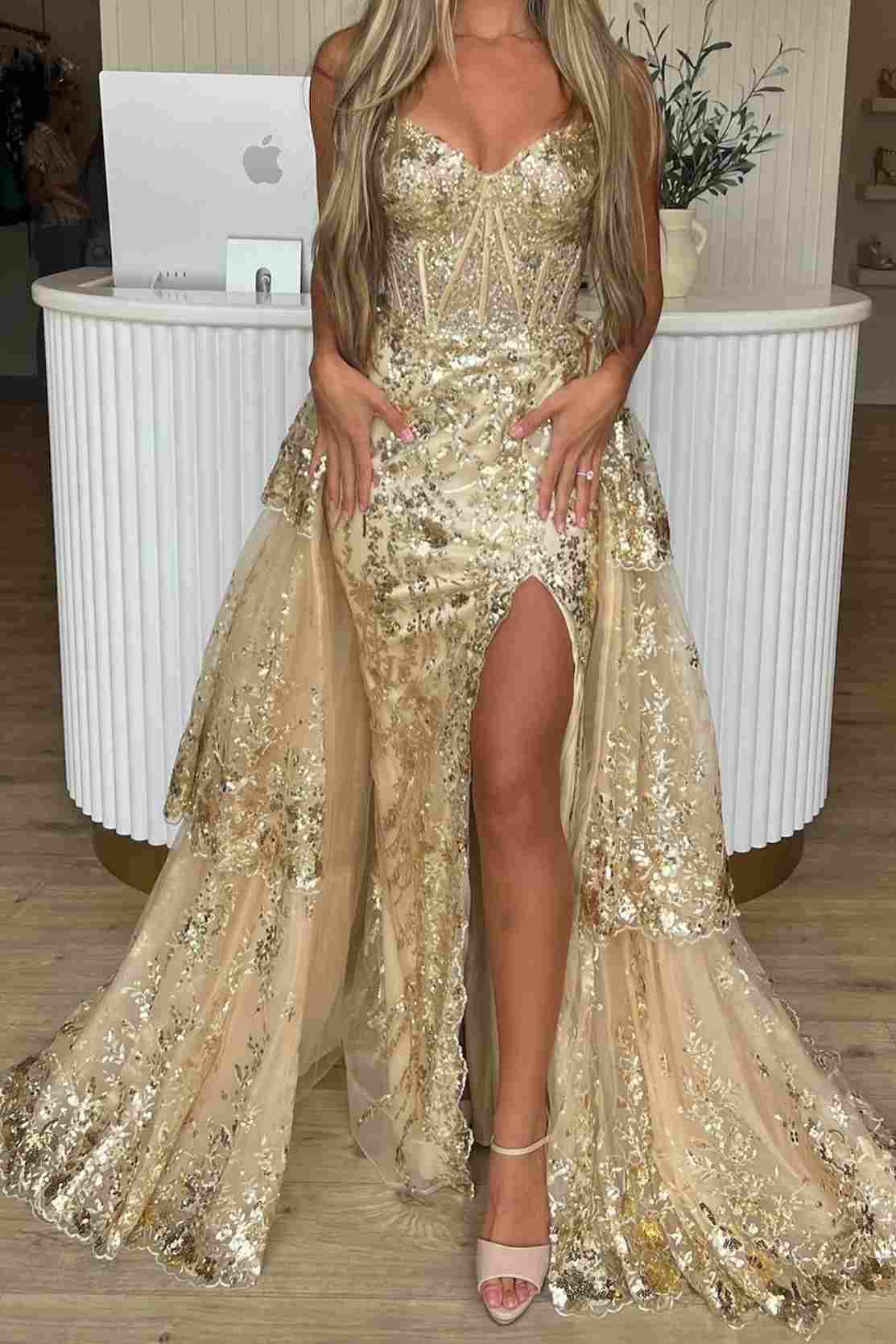 Gold Sweetheart A-Line Lace Long Prom Dress With Split