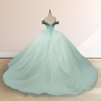 Glitter Mint Green Off The Shoulder Ball Gown Quinceanera Dresses