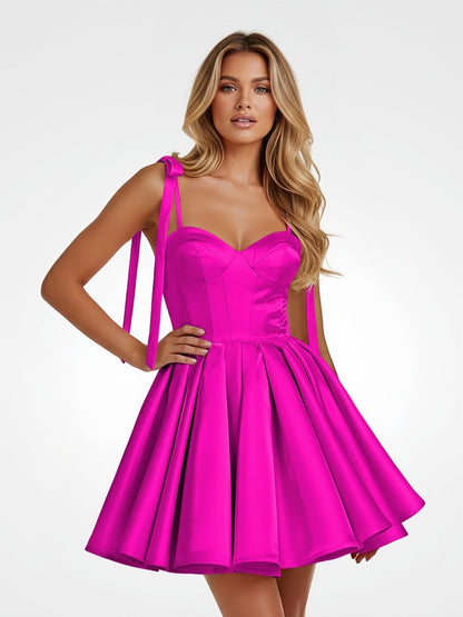Fuchsia - Spaghetti Straps Satin Pleated A Line Homecoming Dresses With Bow