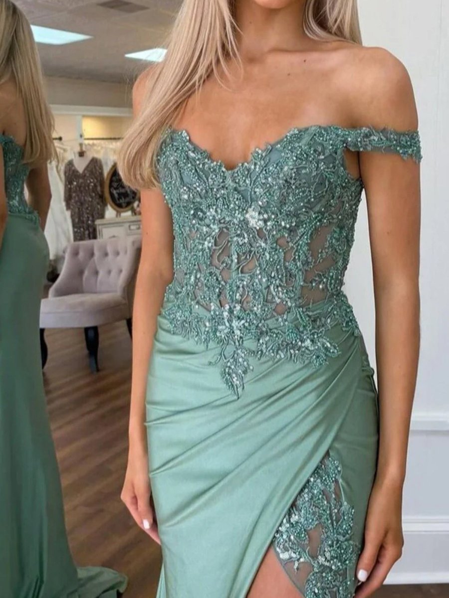 Green Off The Shoulder Appliqued Mermaid Prom Dress With Split
