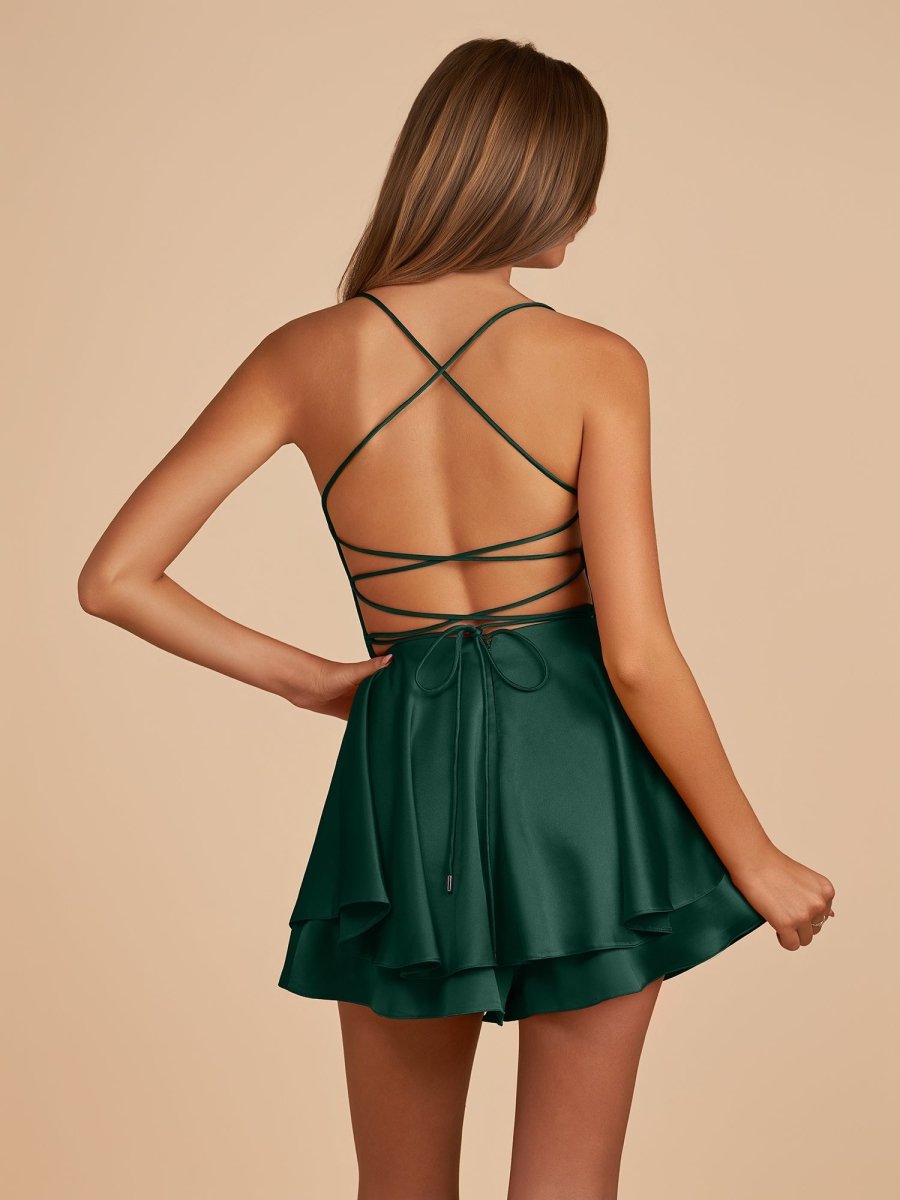 Dark Green - A Line Cowl Neck Satin Short Homecoming Dresses