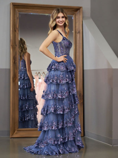 Grey Blue Princess A Line Spaghetti Straps Corset Prom Dress with Lace Ruffles