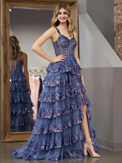 Grey Blue Princess A Line Spaghetti Straps Corset Prom Dress with Lace Ruffles