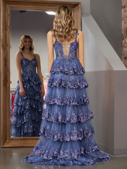 Grey Blue Princess A Line Spaghetti Straps Corset Prom Dress with Lace Ruffles