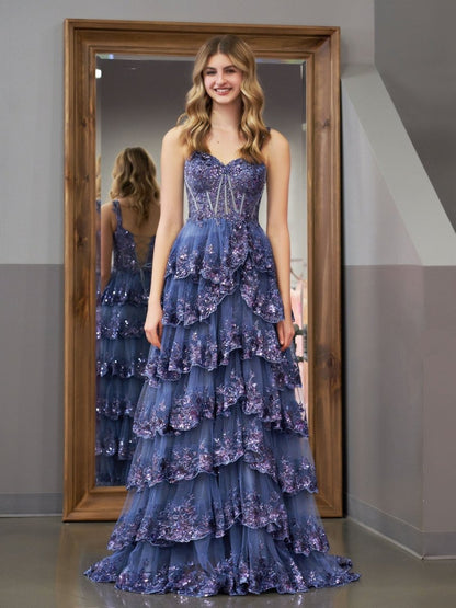 Grey Blue Princess A Line Spaghetti Straps Corset Prom Dress with Lace Ruffles