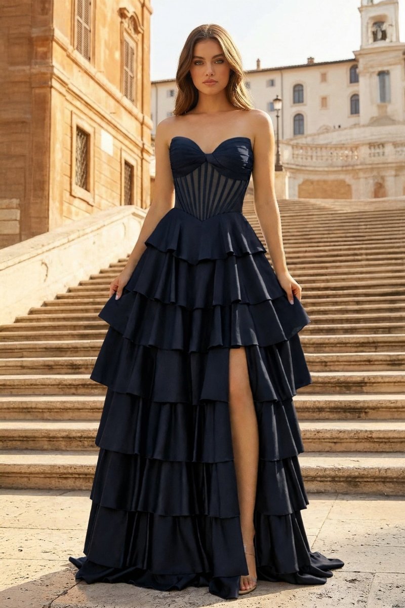 Gray Sweetheart A Line Satin Ruffled Long Prom Dresses With Slit