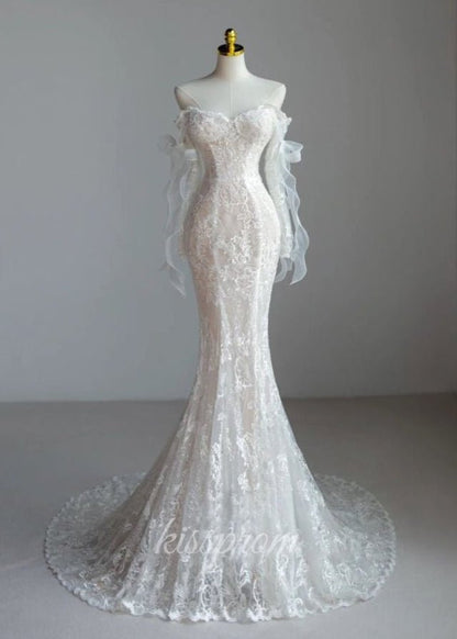 Lace Mermaid Covered-Button Long Sleeve Train Wedding Dress