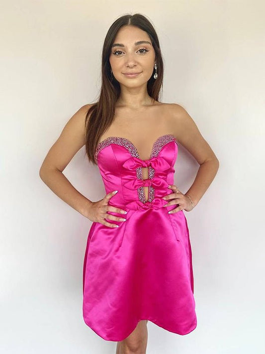 Fuchsia - Strapless A-Line Beaded Satin Homecoming Dress With Bow