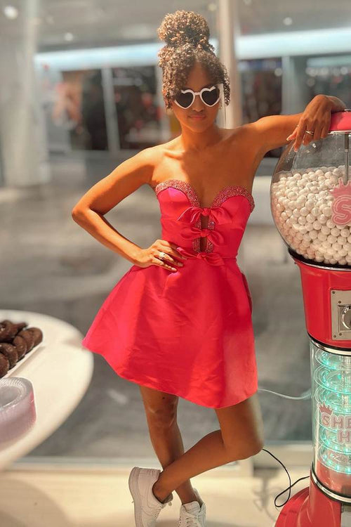 Hot Pink - Strapless A-Line Beaded Satin Homecoming Dress With Bow