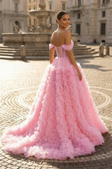 Gorgeous A Line Off the Shoulder Long Tulle Prom Dress with Slit
