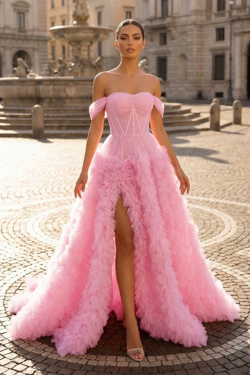 Gorgeous A Line Off the Shoulder Long Tulle Prom Dress with Slit