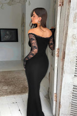 Off Shoulder Spliced Lace Trim Maxi Dress
