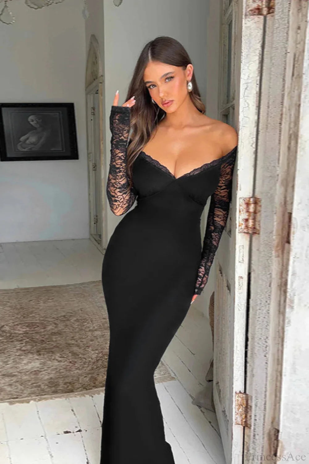 Off Shoulder Spliced Lace Trim Maxi Dress