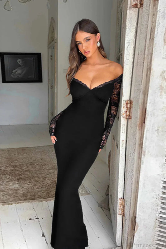 Off Shoulder Spliced Lace Trim Maxi Dress