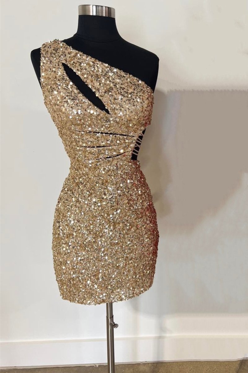 Gold One Shoulder Cutout Sequin Tight Mini Party Dresses