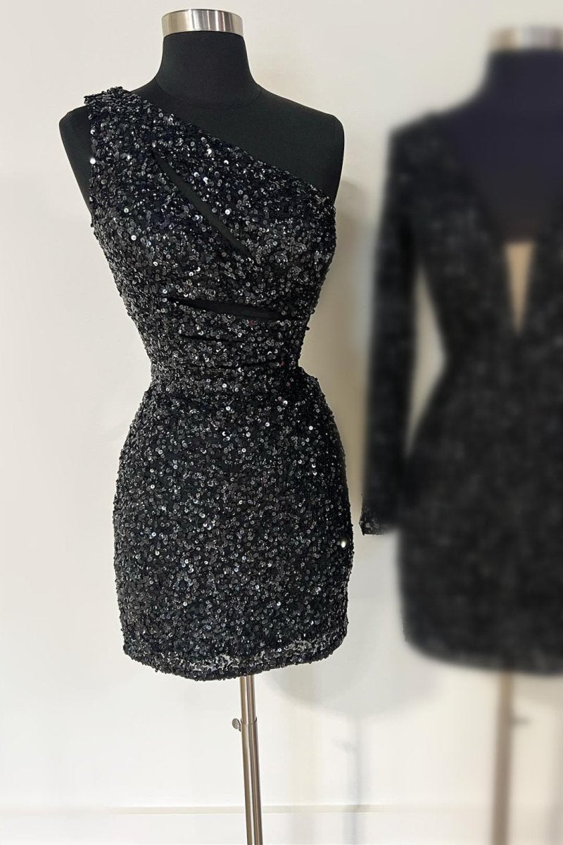 Gold One Shoulder Cutout Sequin Tight Mini Party Dresses