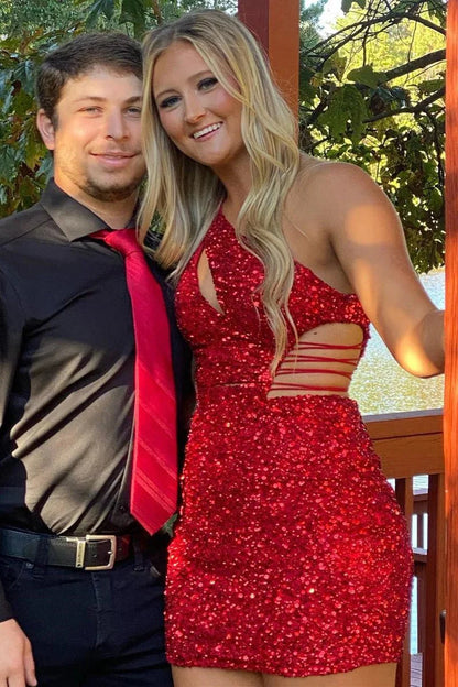 Gold One Shoulder Cutout Sequin Tight Mini Party Dresses