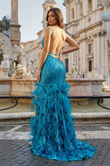 Jade Sequin Lace Spaghetti Straps Mermaid Prom Dresses with Slit
